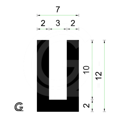 Rubber U Profiel | binnenmaat 3 mm | hoogte 12 mm | dikte 2 mm | Per Meter